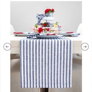 Solino Home Striped Blue and White Table Runner in 100% Linen. 14”x48”. New.